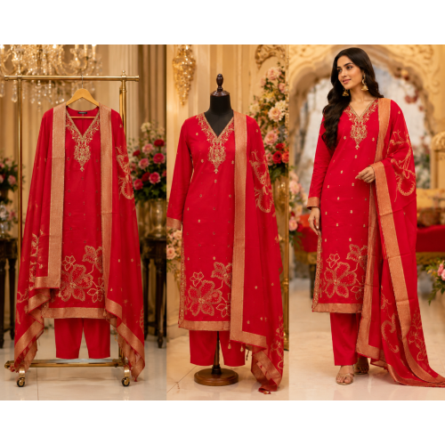 Royal Scarlet Dola Silk Embroidered Unstitched Suit Set Royal Scarlet Dola Silk Embroidered Unstitched Suit Set