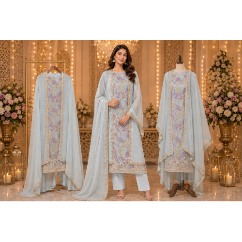 Frost Bloom Designer Crape Unstitched Suit with Chenon Dupatta Frost Bloom Designer Crape Unstitched Suit with Chenon Dupatta