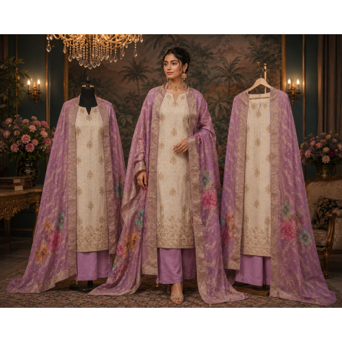 Royal Ivory & Lavender Banarasi Shimmer Unstitched Suit Set Royal Ivory & Lavender Banarasi Shimmer Unstitched Suit Set