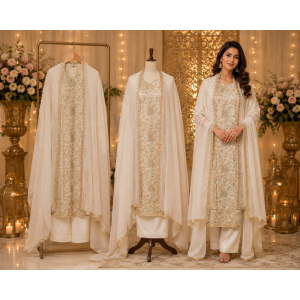 Royal Ivory Chenon Designer Unstitched Suit with Pure Chiffon Dupatta