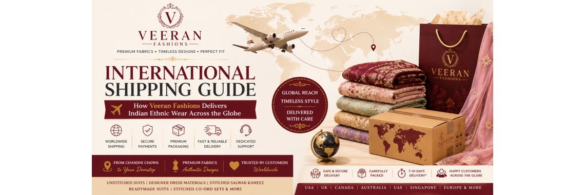 International Shipping Guide: How Veeran Fashions Delivers Indian Ethnic Wear Across the Globe International Shipping Guide: How Veeran Fashions Delivers Indian Ethnic Wear Across the Globe