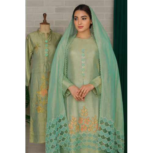 Seagreen Shimmer Suit with Scalloped Dupatta
