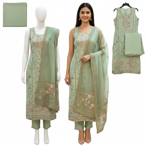 Elegant Pista Green Embroidered Suit Set