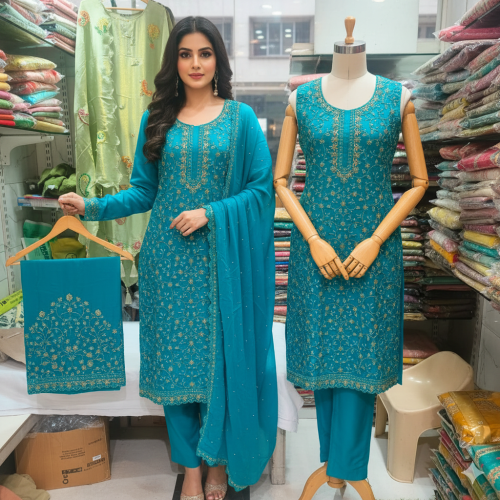 Aqua Crape Cutdana Suit