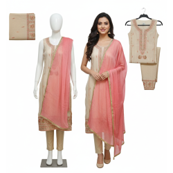 Elegant Off-White Crape Silk Embroidered Suit with Pink Chiffon Dupatta Elegant Off-White Crape Silk Embroidered Suit with Pink Chiffon Dupatta
