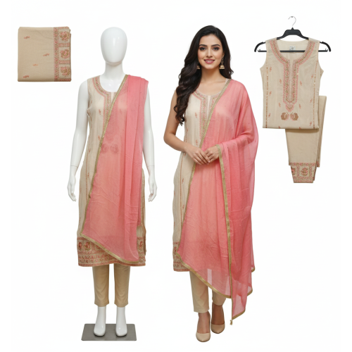 Elegant Off-White Crape Silk Embroidered Suit with Pink Chiffon Dupatta