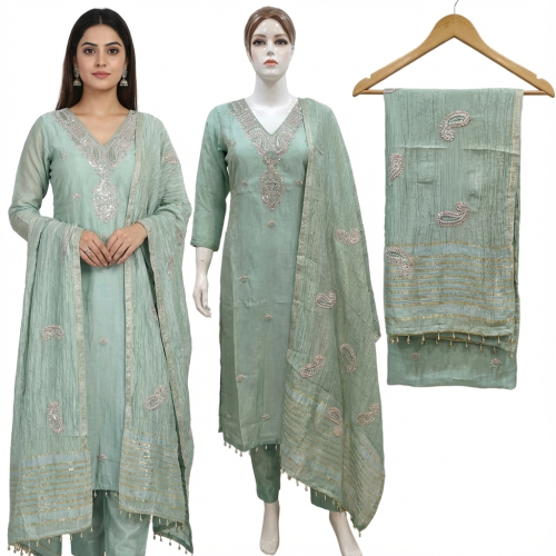 Light Green Glow Shimmer Silk Suit Set