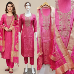 Magenta Pink Dabka Crush Silk Ensemble
