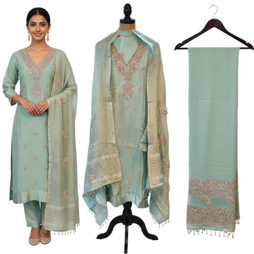 Elegant Shimmer Silk Embroidered Suit Set.