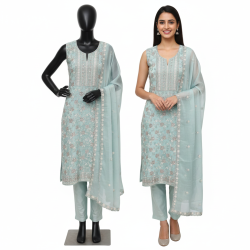 Aasmani Crush Organza Suit Set with Embroidered Chiffon Dupatta