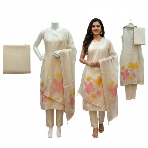 Elegant Cream Organza Floral Embroidered Suit Set