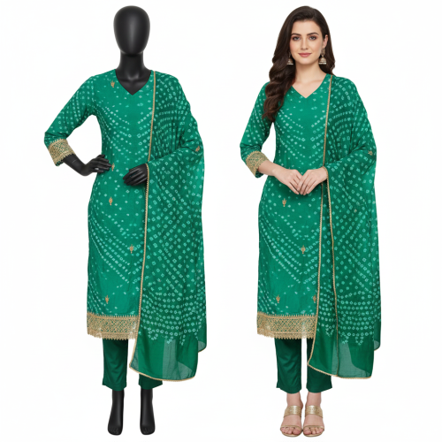Emerald Green Bandhej Suit Set with Gota Patti Work