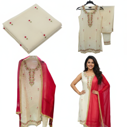 Charming White Kota Suit with Pink Floral Embroidery