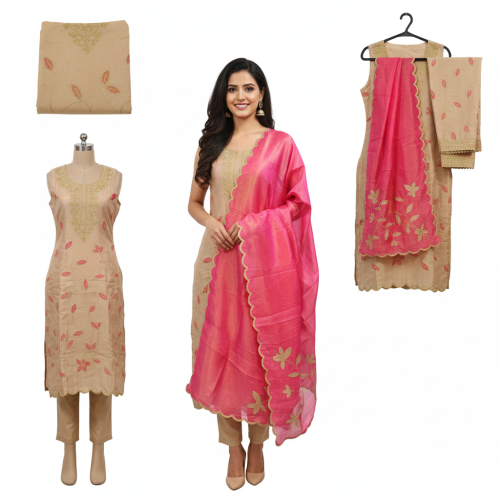 Elegant Rose-Gold Tissue Suit with Heavy Pink Dupatta