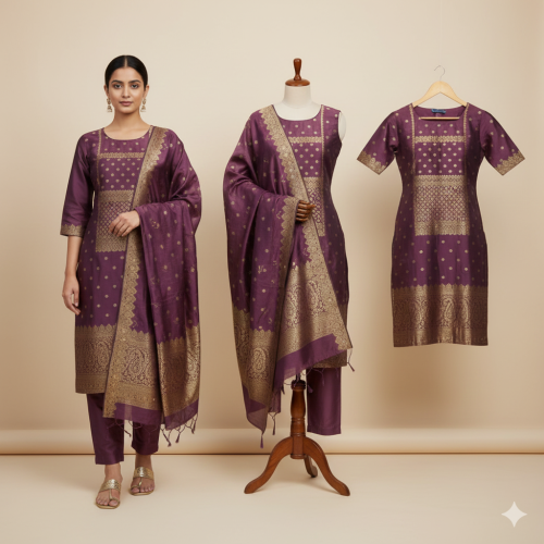 Regal Purple Woven Silk Suit Set with Crepe Bottom