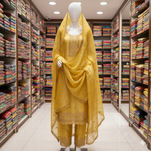 Hand-Worked Tissue Silk Salwar Suit with Heavy Glass Tissue Dupatta