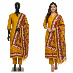 Mustard Yellow Maheshwari Suit Set with Printed Dupatta