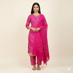 Vibrant Fuchsia Crape Bandhej Suit Set with Gota Patti