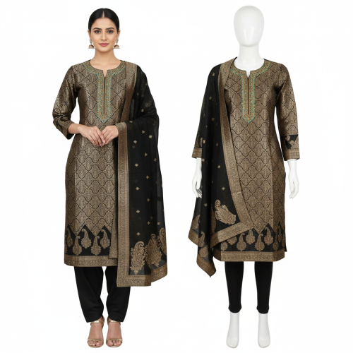 Elegant Black & Gold Banarasi Silk Salwar Suit Elegant Black & Gold Banarasi Silk Salwar Suit