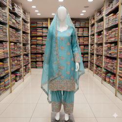 Embroidered Glass Fabric Salwar Suit with Full Dupatta Work