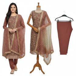 Rosewood & Gold Heavy Work Suit Set with Shaded Dupatta