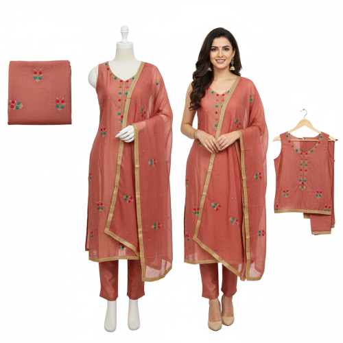 Elegant Peach Glass Tissue Kurta Set with Chiffon Dupatta