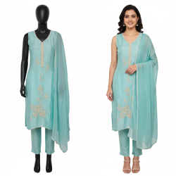 Aasmani Blue Glass Silk Suit Set with Chiffon Dupatta