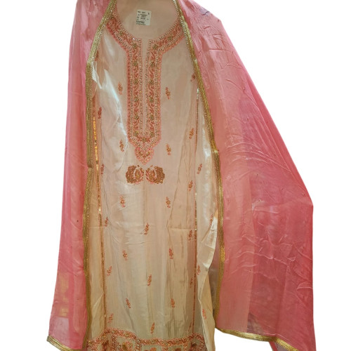 Elegant Off-White Crape Silk Embroidered Suit with Pink Chiffon Dupatta Elegant Off-White Crape Silk Embroidered Suit with Pink Chiffon Dupatta