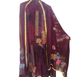 Regal Plum Crape Suit with Floral Chiffon Dupatta