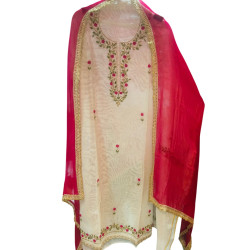 Charming White Kota Suit with Pink Floral Embroidery