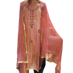 Elegant Peach Glass Tissue Kurta Set with Chiffon Dupatta