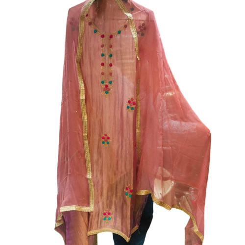 Elegant Peach Glass Tissue Kurta Set with Chiffon Dupatta