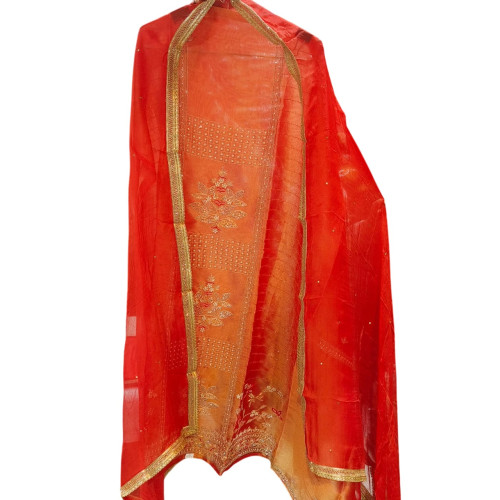 Vibrant Orange Glass Tissue Suit with Gold-Bordered Chiffon Dupatta