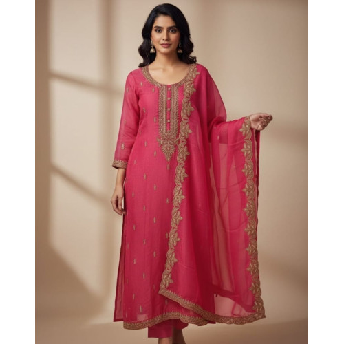 Elegant Zari-Embroidered Hot Pink Doria Suit Set