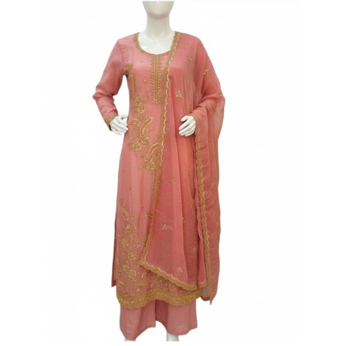 Opulent Zari-Embroidered Rose Pink Glass Tissue Suit Set