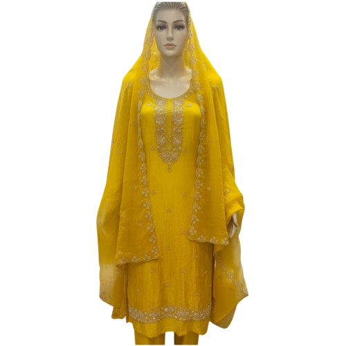 Royal Zari-Embroidered Yellow Glass Tissue Suit Set