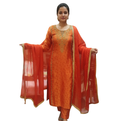 Elegant Zari-Embroidered Orange Silk Suit Set