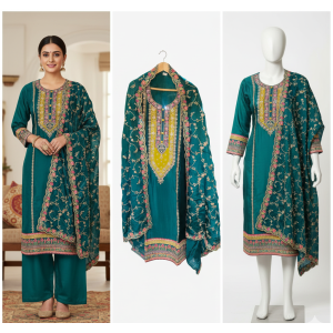 Elegant Peacock Chenon Embroidered Suit Set
