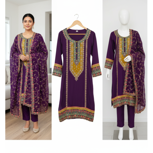 Heavy Embroidered Chenon Suit with Dupatta