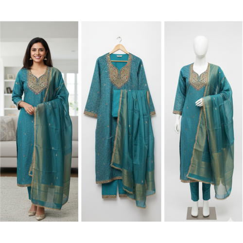 Regal Teal Blue Jacquard Silk Kurta Set with Heavy Gotta Patti Dupatta