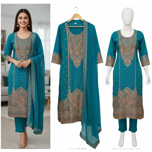 Teal Blue Embroidered Suit Set