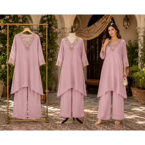 Blush Pink Elegance Crush Stitched Co-Ord Set