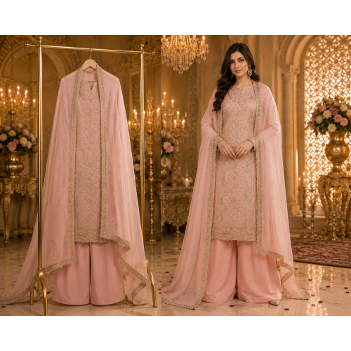 Blush Royale Chenon Unstitched Dress Material with Pure Chiffon Dupatta
