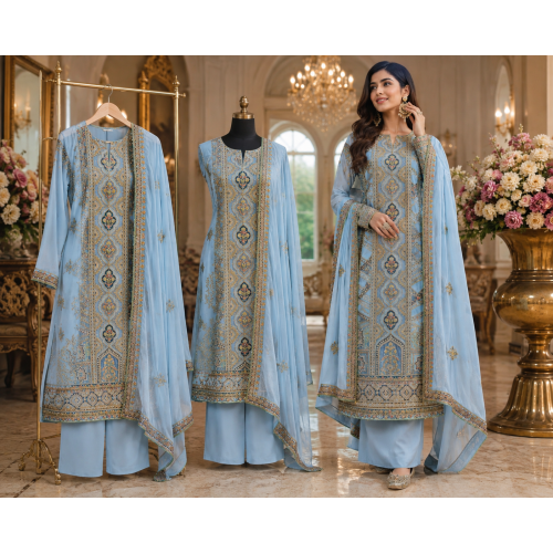 Celestial Sky Blue Embroidered Crape Unstitched Suit Set Celestial Sky Blue Embroidered Crape Unstitched Suit Set