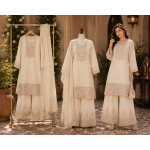Ivory Royale Shimmer Stitched Kameez Plazo Set Ivory Royale Shimmer Stitched Kameez Plazo Set