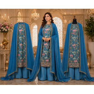 Royal Teal Floral Crape Unstitched Suit with Pure Chiffon Dupatta Royal Teal Floral Crape Unstitched Suit with Pure Chiffon Dupatta