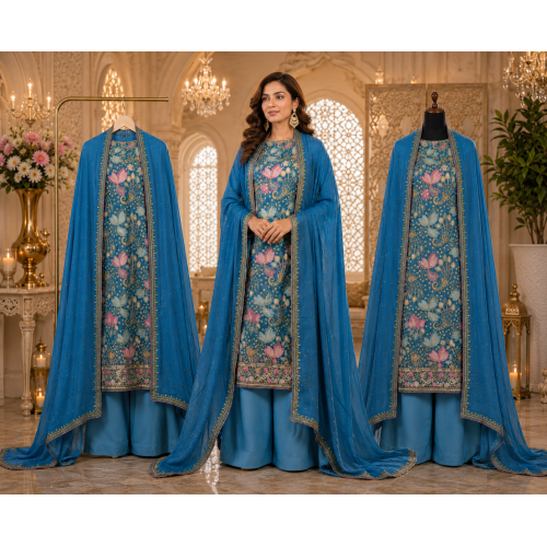 Royal Teal Floral Crape Unstitched Suit with Pure Chiffon Dupatta Royal Teal Floral Crape Unstitched Suit with Pure Chiffon Dupatta