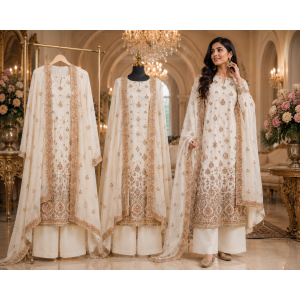 Ivory Blossom Premium Chenon Unstitched Suit Set Ivory Blossom Premium Chenon Unstitched Suit Set