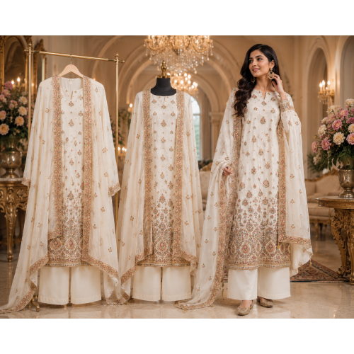 Ivory Blossom Premium Chenon Unstitched Suit Set Ivory Blossom Premium Chenon Unstitched Suit Set
