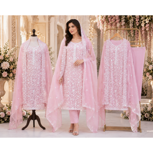 Blush Pink Floral Embroidered Chiffon Unstitched Suit with Lining Blush Pink Floral Embroidered Chiffon Unstitched Suit with Lining